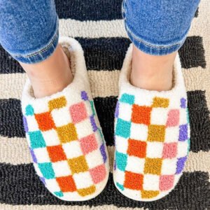 vibrant checkered plush thermal slippers