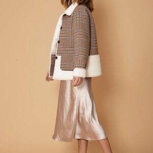 women's plaid fur jacket in rust houndstooth