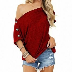 2021 new women tops off shoulder button short sleeve t shirt for