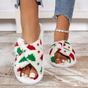 christmas tree pattern furry bedroom slippers