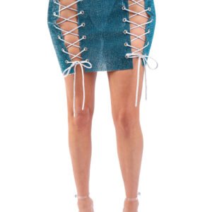 full rhinestones 4 sides lace up party rave club mini skirt teal