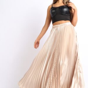 elastic high waist a line pleated satin maxi skirt formal prom taupe