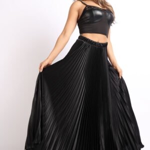 elastic high waist a line pleated satin maxi skirt black