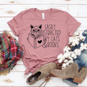 easily distracted by cats & books t shirt