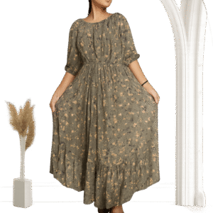 women's elegant long sleeve maxi dress – leaf pattern, fitted waist,
